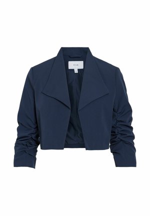 Kraći mornarsko plavi blejzer s širokim reverima i naboranim dugim rukavima, označen markom VILA.