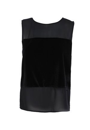 Top nero senza maniche con sezione superiore semi-trasparente e sezione inferiore vellutata, con scollo rotondo e vestibilità comoda.
