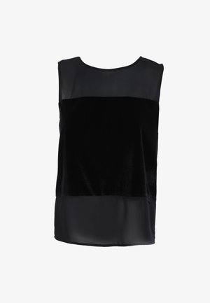 Top nero senza maniche con sezione superiore semi-trasparente e sezione inferiore vellutata, con scollo rotondo e vestibilità comoda.