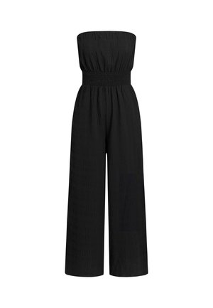 Mono negro sin tirantes con corpiño fruncido, silueta de pierna ancha, tejido texturizado con un patrón sutil y cintura elástica.