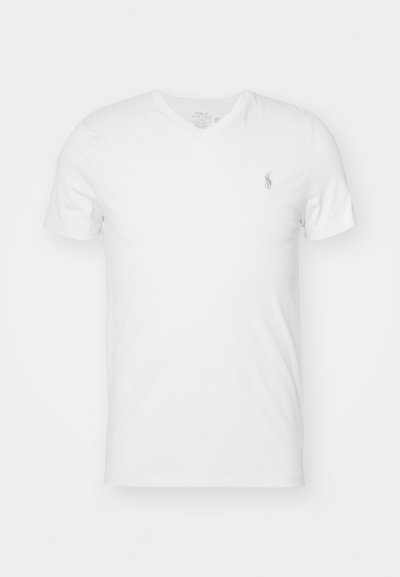 T-shirt blanc à col en V en coton, avec un petit logo brodé sur la poitrine gauche. Manches courtes et coupe décontractée.