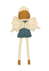 Soft fabric doll with a brown head, blue body, cream wings, and beige limbs. Features sewn accents and a whimsical butterfly wing design.