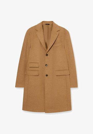 Wollmantel in Kamelhaarfarbe mit Reverskragen, zwei vorderen Taschen und drei Knöpfen. Verfügt über ein glattes Innenfutter.
