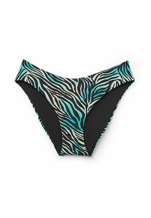 Tangas de bikini con estampado de cebra en colores turquesa y negro, confeccionadas en un material elástico con textura suave y un diseño de tiro bajo.