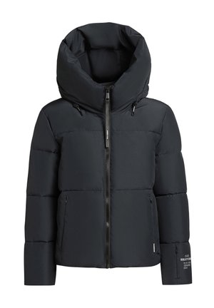 Padded black puffer jacket with a high collar and large hood. Features a front zipper and two side pockets. Text detail on sleeve.