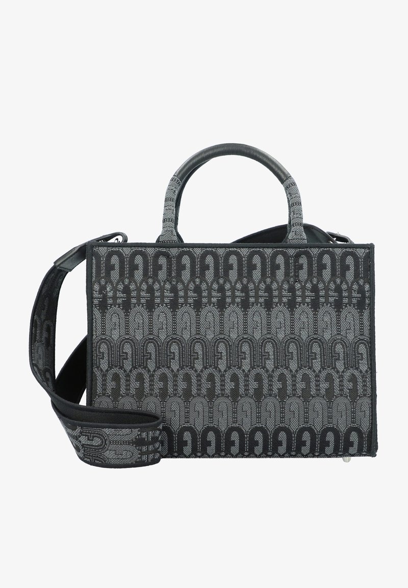 Sac à main rectangulaire noir et gris à motifs, avec de courtes poignées et une large bandoulière réglable présentant un motif géométrique assorti.