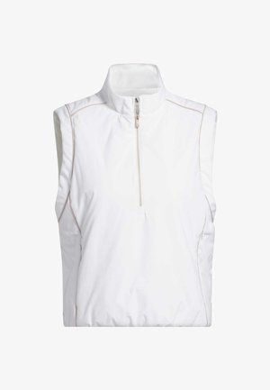 Witte mouwloze vest met een hoge kraag, voorrits en subtiele beige stiksels, gemaakt van soepel, lichtgewicht materiaal.