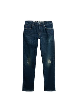 Vaqueros de mezclilla azul oscuro con ligero desgaste en ambas rodillas, estilo de cinco bolsillos y cierre con botones, mostrados planos sobre fondo blanco.