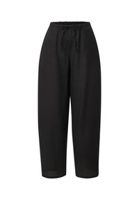 Zwarte, losse broek van lichtgewicht stof. Heeft een elastische tailleband met een trekkoord en een cropped lengte. Soepele textuur.