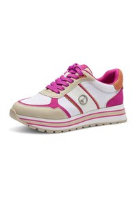 Sneaker bianco e beige con accenti rosa, design con lacci, punta arrotondata, collare imbottito e suola testurizzata con dettaglio a strisce.