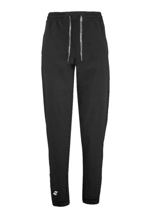 Sorte tapered sweatpants med elastisk talje, grå snore og et lille logo nær venstre ankel.