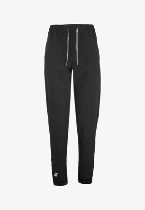 Sorte tapered sweatpants med elastisk talje, grå snore og et lille logo nær venstre ankel.