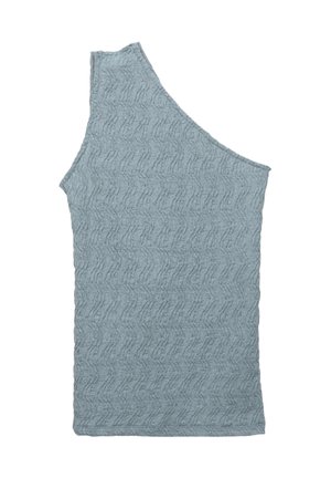Asymmetrisch top met één schouder in een gestructureerde lichtblauwe stof met een golvend patroon. Heeft een zachte, gebreide textuur en een getailleerde vorm.