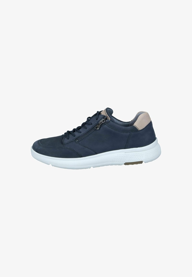 Navy blue leather sneaker with white rubber sole, featuring lace-up closure, side zipper, and beige accent at the heel.