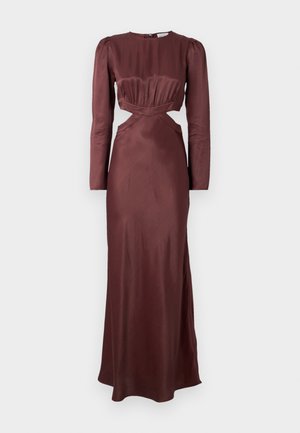 Long, burgundy satin dress with long sleeves, a pleated bodice, cut-out waist detail, and a flowing skirt. Back zip closure.