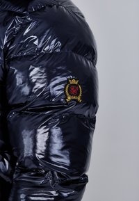 Zelena pufasta jakna z gladko teksturo, ki ima emblem z zlatimi poudarki in vodoravne prešite sekcije na rokavih.