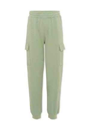 Jasnozielone spodnie dresowe typu cargo z elastyczną talią, kieszeniami z patkami po obu stronach i ściągaczami u dołu nogawek.