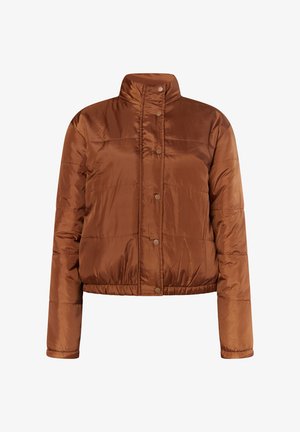 Braune, puffige Jacke mit hohem Kragen und Druckknopfverschluss. Hergestellt aus glänzendem Material, mit gesteppten Einsätzen und cropped Saum.