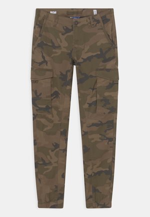 Camouflage cargo pants in bruin- en groentinten, met meerdere zijzakken, een getailleerd ontwerp en elastische boorden bij de enkels.