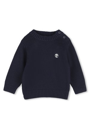 Pull bébé en maille bleu marine avec poignets et ourlet côtelés, encolure ronde avec deux boutons et un petit logo arbre blanc sur la poitrine.