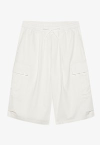 White cargo shorts with an elastic waistband and drawstring. Features two side pockets and a textured finish. Length reaches mid-thigh.