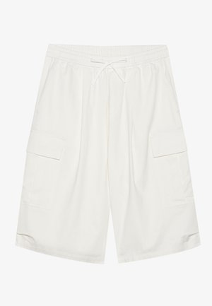 White cargo shorts with an elastic waistband and drawstring. Features two side pockets and a textured finish. Length reaches mid-thigh.