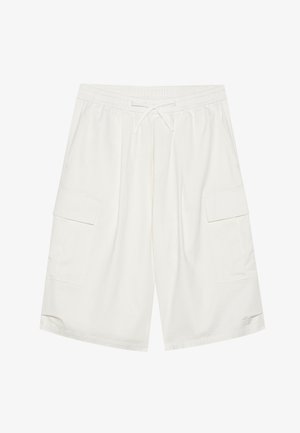 Bele hlače do kolen bele barve z elastičnim pasom in vrvico. Imajo dva stranska žepa in teksturiran zaključek. Dolžina sega do sredine stegna.