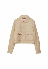 Beige cropped jacket made of textured fabric, featuring a pointed collar, front button closure, and two chest pockets with silver buttons.