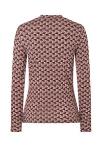 Langsleeve top van rekbaar materiaal met een geometrisch patroon in rood, beige en crèmetinten, met een ronde halslijn en slim fit.