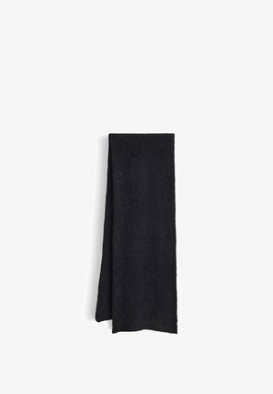 Black knitted scarf with a textured surface, rectangular shape, featuring soft, warm fabric. Edges are slightly frayed for detail.