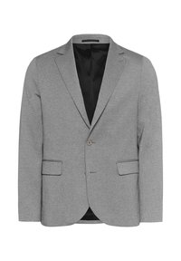 Vyrų šviesiai pilkas viengubas švarkas su iškirptėmis atvartais, priekinėmis kišenėmis su užklotais ir juodu pamušalu.