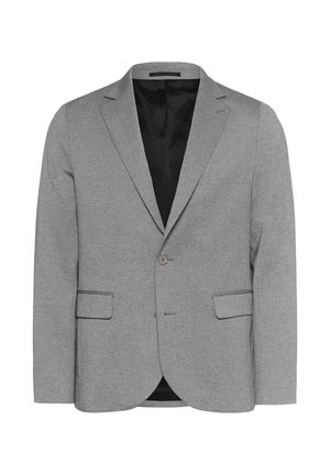 Muška svijetlosiva blazer jakna s jednim dugmetom, reverima u obliku vzora, prednjim džepovima s preklopom i crnim unutrašnjim podstavom.