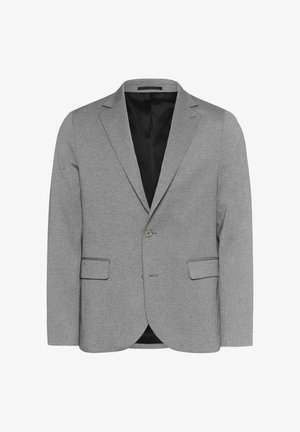 Muška svijetlosiva blazer jakna s jednim dugmetom, reverima u obliku vzora, prednjim džepovima s preklopom i crnim unutrašnjim podstavom.