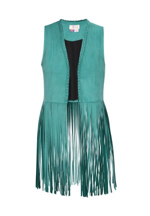 Teal suede liivivest, millel on punutud kaelus ja pikad frantsiisid allääres. Seljaosa on must, mis rõhutab kontrasti ja tekstuuri.