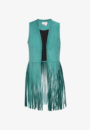 Teal suede mouwloze vest met een gevlochten halslijn en lange franjes langs de zoom. De achterkant is zwart, wat het contrast en de textuur versterkt.
