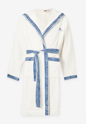 Peignoir blanc avec bordure paisley bleue sur le col, les poignets, les poches et la ceinture, doté d'une capuche et d'un petit logo brodé sur la poitrine.
