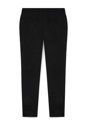 Sorte tapered bukser med elastisk talje, forlommer og små slidser ved anklerne, lagt fladt på en hvid baggrund.