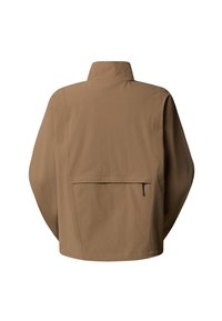Brown outer jacket with a high collar, oversized fit, and a rear zippered pocket. Smooth texture, minimalistic design, and no visible patterns.