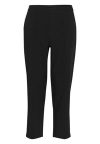 Pantaloni strutturati neri con design a gamba dritta, caratterizzati da un frontale piatto, senza tasche visibili e una texture liscia.