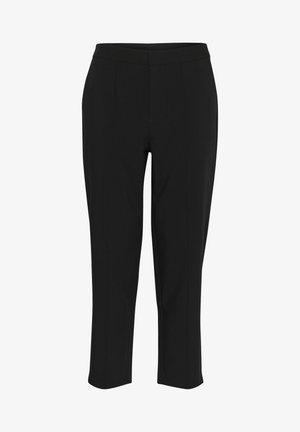 Black structured trousers with a straight leg design, featuring a flat front, no visible pockets, and a smooth texture.