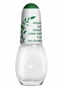 En klar flaska med nagellack och ett rundat grönt lock. Etiketten har texten "Vegan" och "Grön Nagellack" i vit text. Har miljövänlig profil.