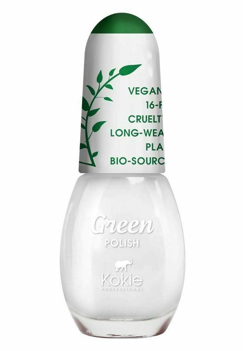 En klar flaska med nagellack och ett rundat grönt lock. Etiketten har texten "Vegan" och "Grön Nagellack" i vit text. Har miljövänlig profil.