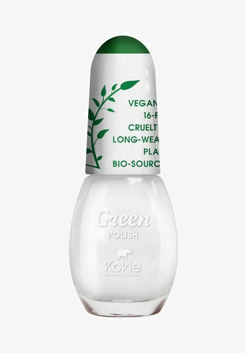 Klar flaske med neglelak med en rund grøn hætte. Etiketten læser "Vegan" og "Grøn Neglelak" med hvid tekst. Har økologisk branding.