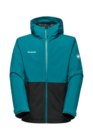 Vandtæt hættejakke i teal og sort med frontlynlås, Mammut-logo på brystet og uldhåret mammut-logo på venstre ærme.