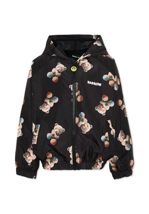 Czarna kurtka z kapturem na suwak, z kolorowym nadrukiem misia teddy i białym logo "BARROW" na piersi, elastyczne mankiety oraz suwak z zawieszką w kształcie uśmiechniętej buzi.