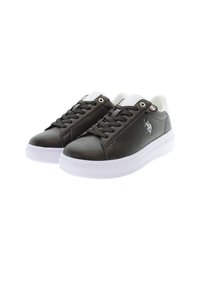 Black synthetic sneakers with white rubber sole. Features include rounded toe, lace-up front, and silver logo detail on the side.