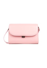 Borsa a mano in pelle rosa con un design strutturato, chiusura a patta e tracolla removibile. Presenta un piccolo logo del marchio e una texture liscia.
