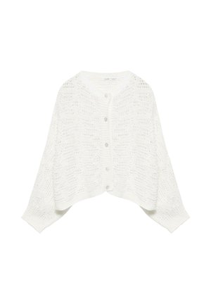 Cardigan tricotat alb cu nasturi în față, mâneci lungi și model deschis, expus pe un fundal alb.