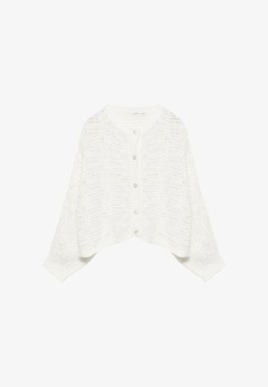 Cardigan tricotat alb cu nasturi în față, mâneci lungi și model deschis, expus pe un fundal alb.