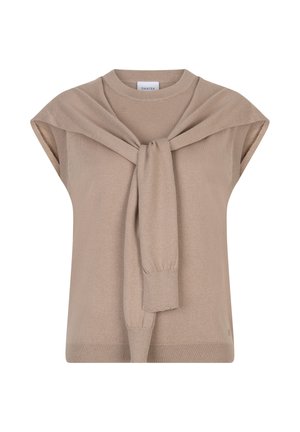 Beige gebreide top met korte mouwen en een strikdetail. Heeft een ronde halslijn en een geribbelde zoom. Zachte textuur met een relaxte pasvorm.